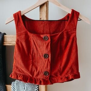 Rust Corduroy Button-Front Crop Vest - Size S